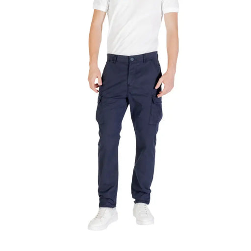 Navy blue cargo pants displayed in a clothing product listing