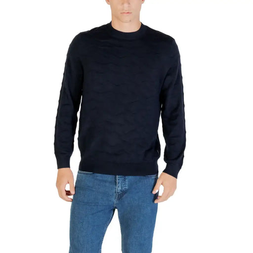Navy Blue Textured Long Sleeve Sweater with crew neck design for men’s fashion