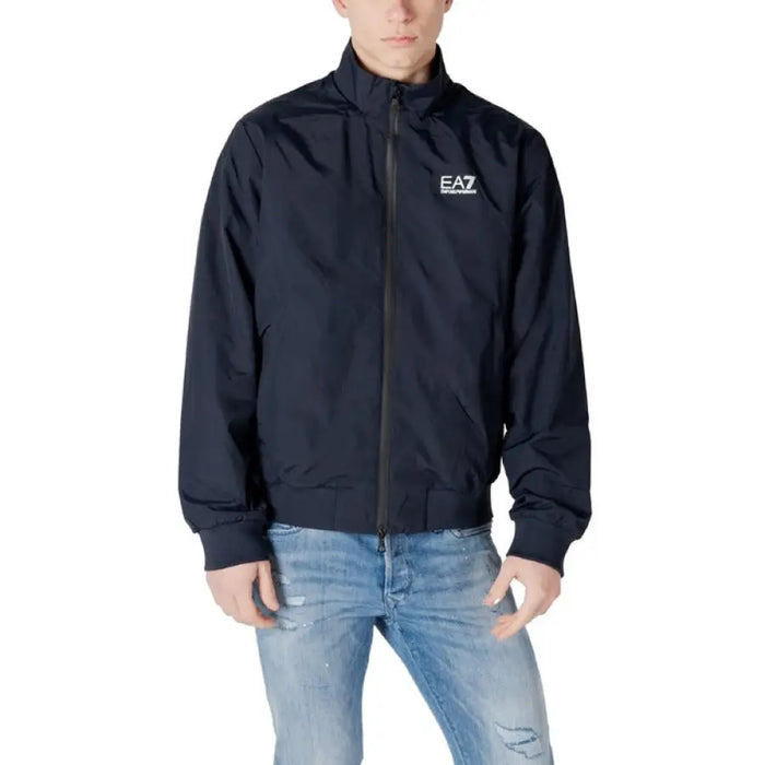Navy blue EA7 bomber jacket showcased in Beige Zip Up Jacket product display