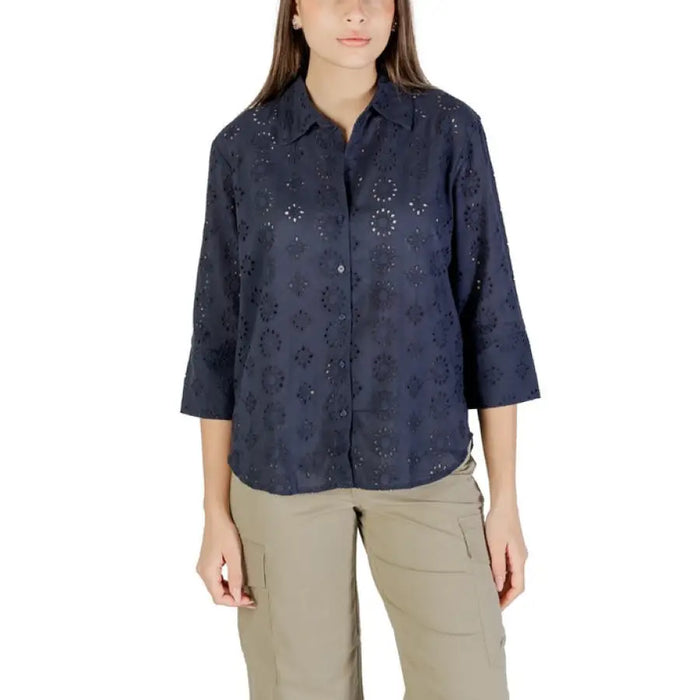 Navy blue eyelet button-down shirt displayed for product Red Eyelet Button Down Shirt