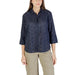Navy blue eyelet button-down shirt displayed for product Red Eyelet Button Down Shirt
