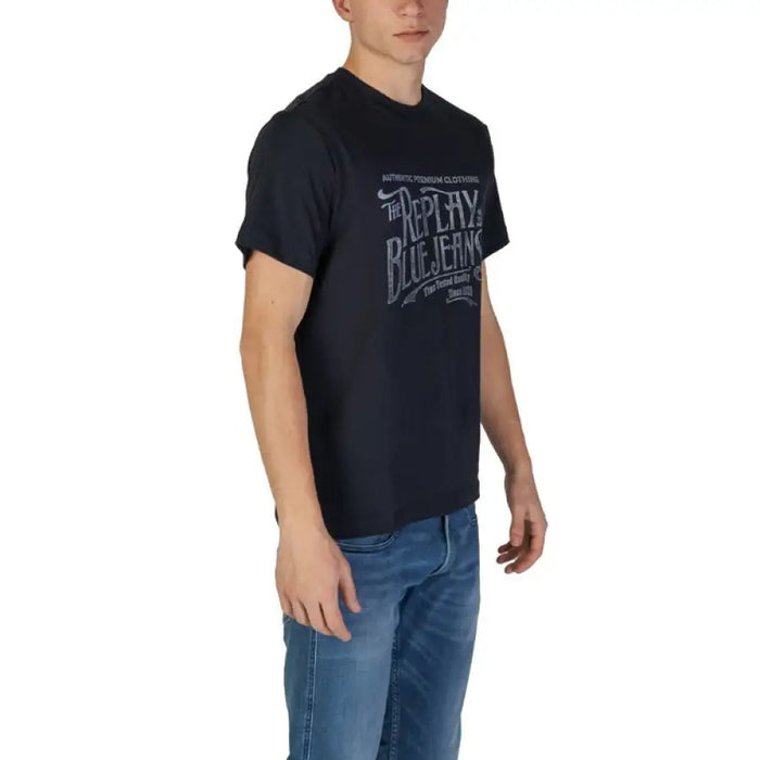 Navy blue graphic tee for men displayed on a model showcasing casual style