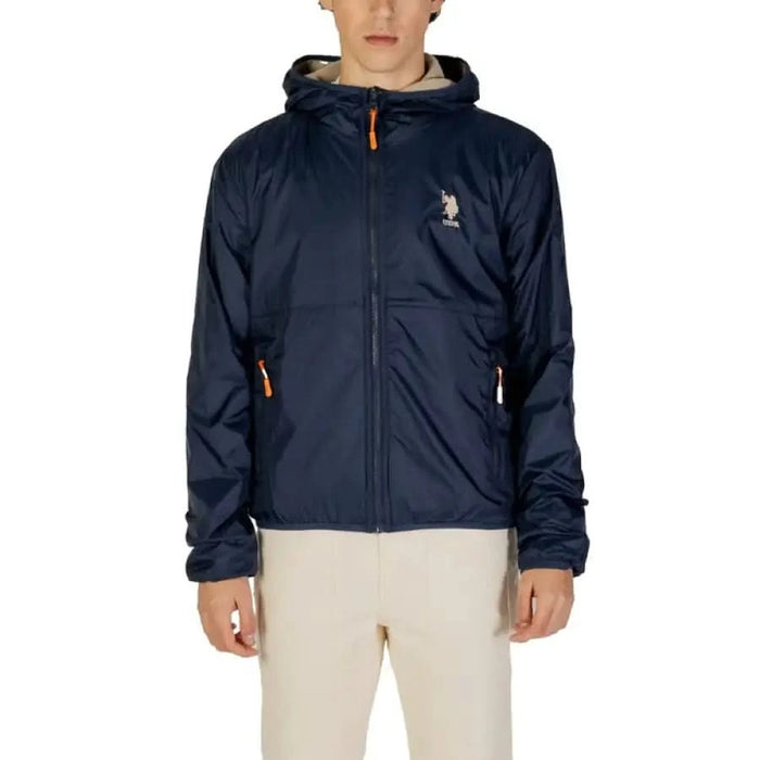 Navy blue hooded windbreaker jacket with orange zippers, US Polo Assn premium outerwear