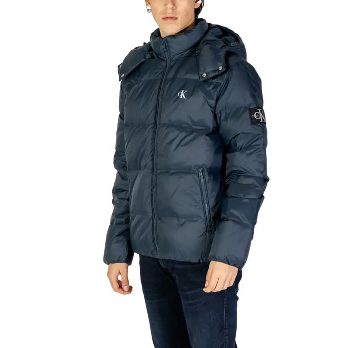 Navy Blue Hooded Puffer Jacket displayed on a retail website for stylish warmth