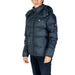 Navy Blue Hooded Puffer Jacket displayed on a retail website for stylish warmth