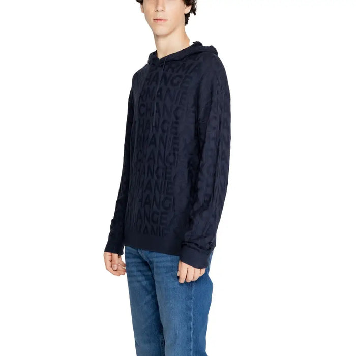Navy blue hooded sweatshirt with all-over logo pattern for stylish casual wear