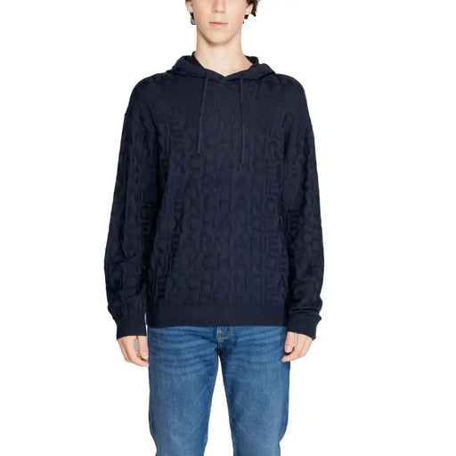 Navy blue hooded sweatshirt featuring an all-over logo pattern for a stylish casual look
