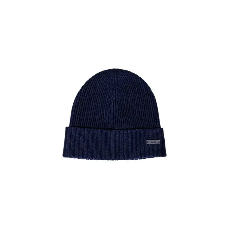 Navy blue knit beanie displayed in product named Black Ribbed Knit Beanie
