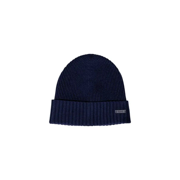 Navy blue knit beanie displayed in product named Black Ribbed Knit Beanie