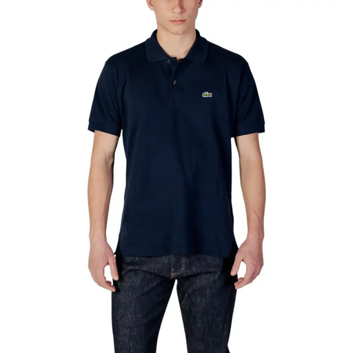 Navy blue Lacoste polo shirt made of cotton with a small green crocodile logo on the left chest