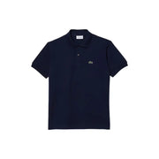 Navy blue Lacoste polo shirt featuring a green crocodile logo on the chest, made of breathable cotton fabric