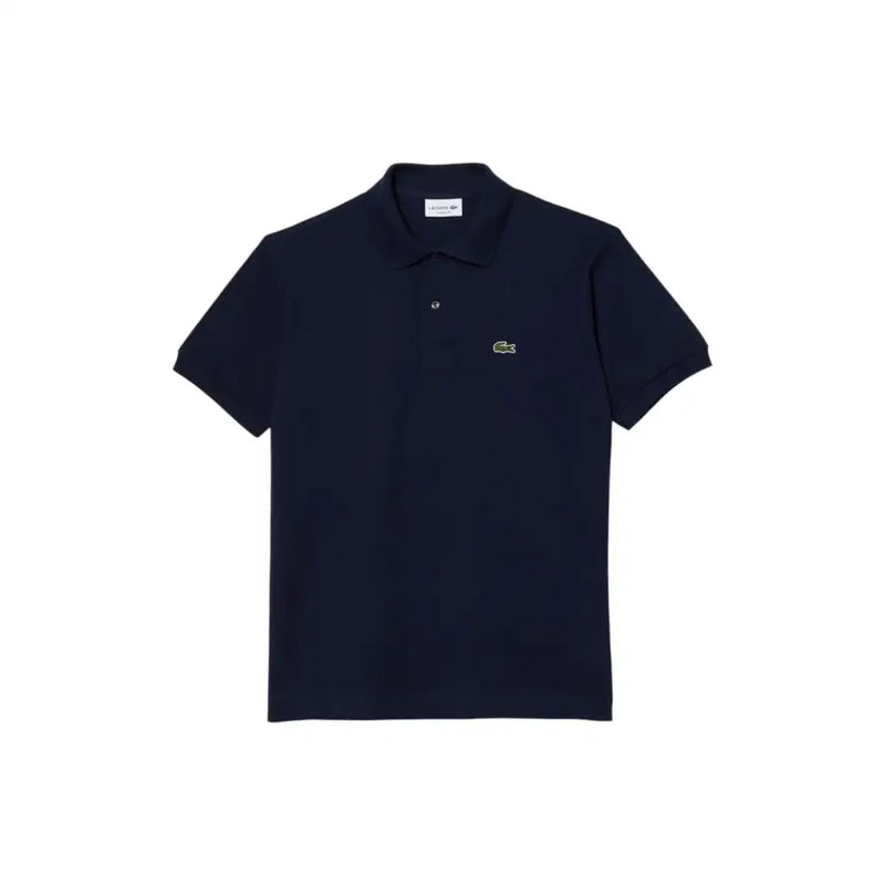 Navy blue Lacoste polo shirt featuring a green crocodile logo on the chest, made of breathable cotton fabric