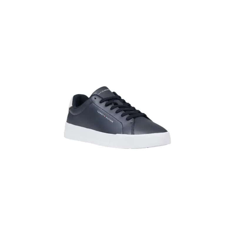 Dark gray leather tommy hilfiger sneaker with white rubber sole and black laces for casual wear