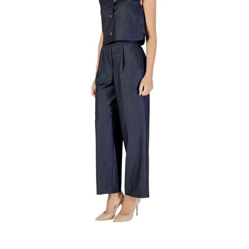 Navy blue pinstriped sleeveless jumpsuit with wide-leg pants from Ichi Women Blue Fall Winter Trousers collection