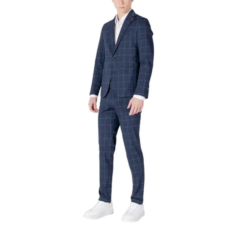 Navy blue plaid suit for men, featuring a stylish design ideal for Spring Summer occasions