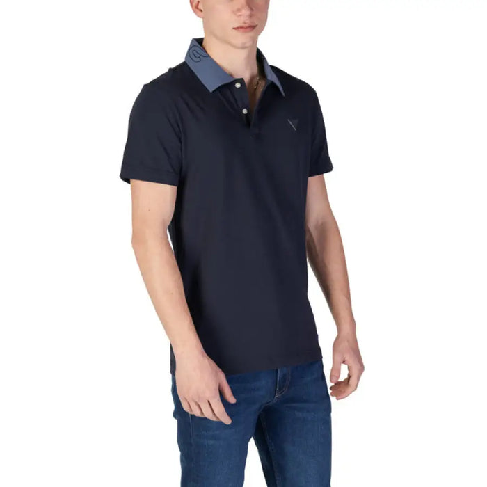 Navy blue polo shirt with light blue collar from Guess for men