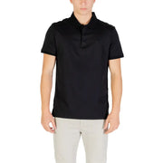Black polo shirt with short sleeves and a collar, made of cotton.