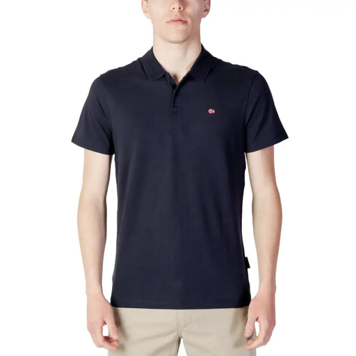 Navy blue polo shirt for men displayed on a clothing product page