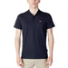 Navy blue polo shirt for men displayed on a clothing product page