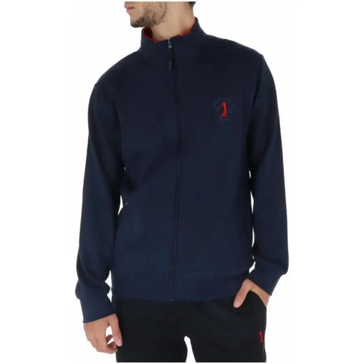 Pull bleu marine à col zippé avec logo rouge de la collection US Sweatshirts