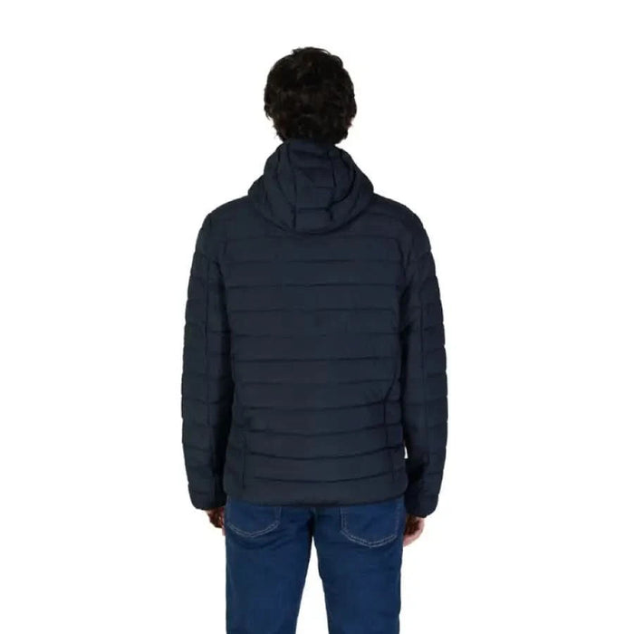 Navy blue quilted puffer jacket with hood displayed from the back for men