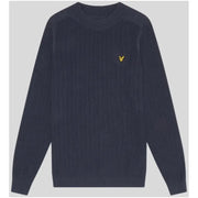 Navy blue ribbed knit sweater featuring a small gold bird logo on the chest, made from soft textured fabric