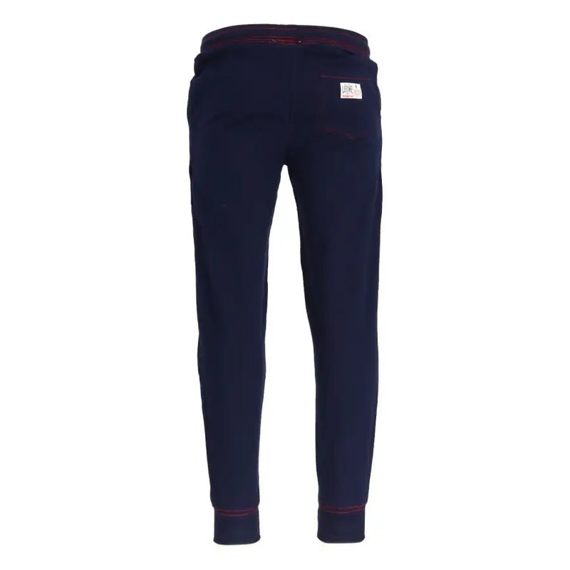 Navy blue sweatpants with maroon trim and a red drawstring shown from the back highlighting a white label on the pocket