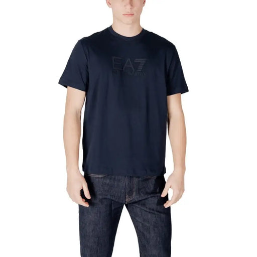 Navy blue Ea7 Men Slip On Round Neck Cotton T Shirt displayed on a neutral background