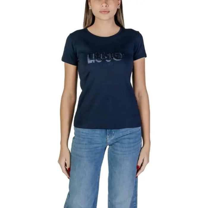 Navy blue Liu Jo t-shirt featuring metallic logo text across the chest