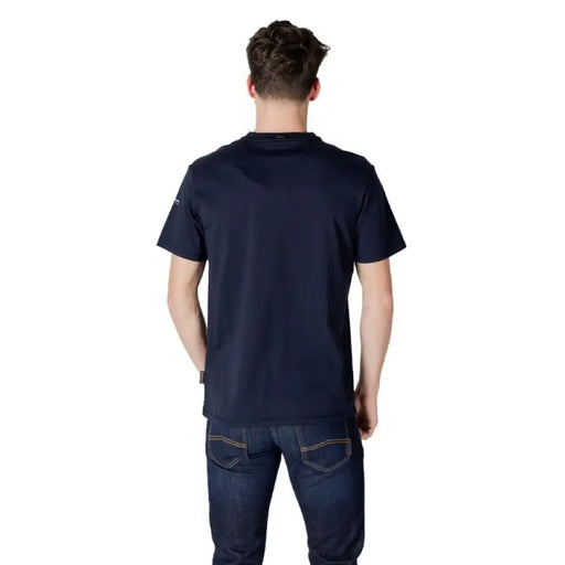 Navy blue Napapijri Men Cotton Round Neck T Shirt paired with jeans for a stylish look