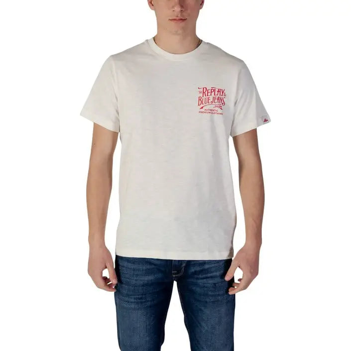 White T-shirt with red graphic displayed on Navy Blue T Shirt With Red Lettering product