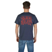 Navy blue short-sleeved t shirt with orange vintage style the replay blue jeans graphic print and red lettering