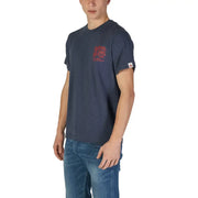 Navy blue short-sleeved t shirt with red graphic print on chest and small white tag on sleeve