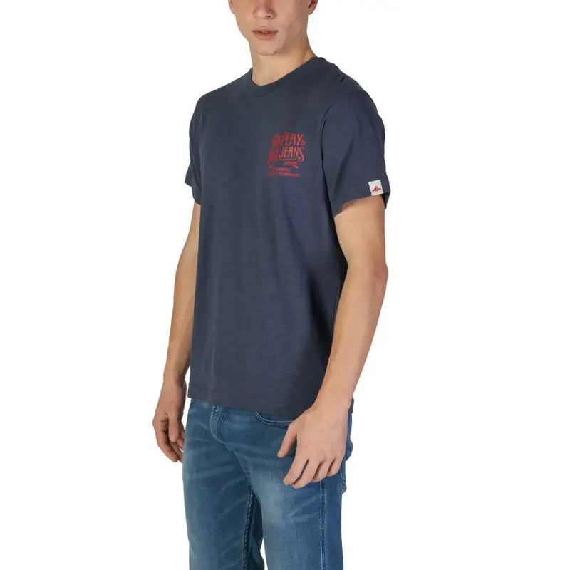 Navy blue short-sleeved t shirt with red graphic print on chest and small white tag on sleeve