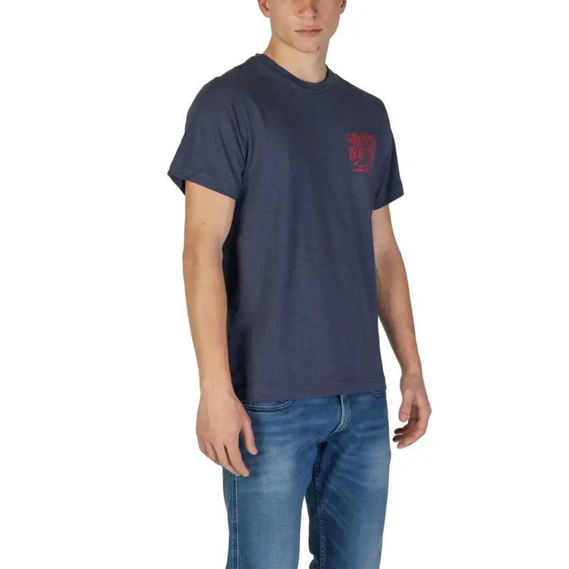 Navy blue short-sleeved t shirt with red lettering and small graphic on the left chest for casual wear