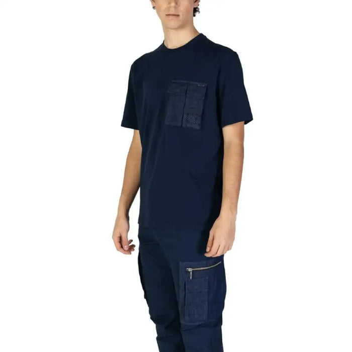 Navy blue T shirt and pants set with cargo pockets displayed in product image