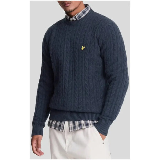 Navy cable-knit sweater displayed in the Gray Cable Knit Sweater product image