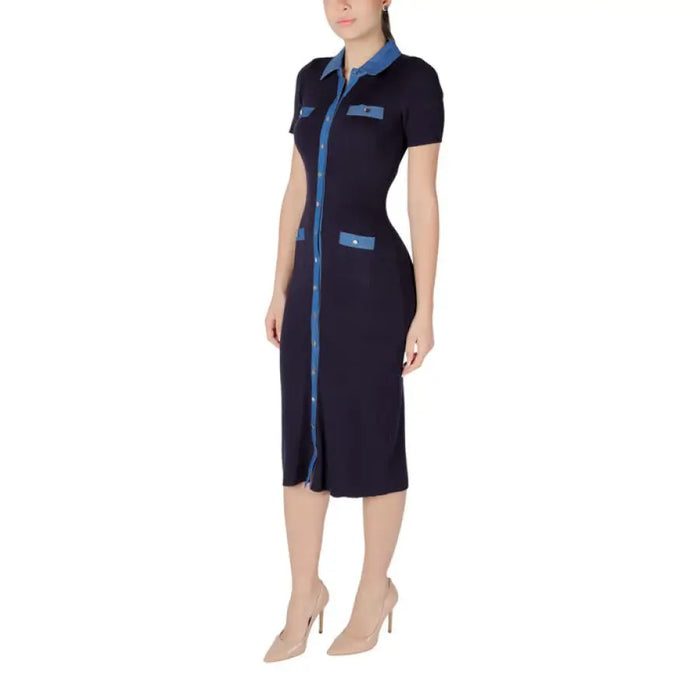 Navy midi dress featuring denim accents for a stylish and elegant look
