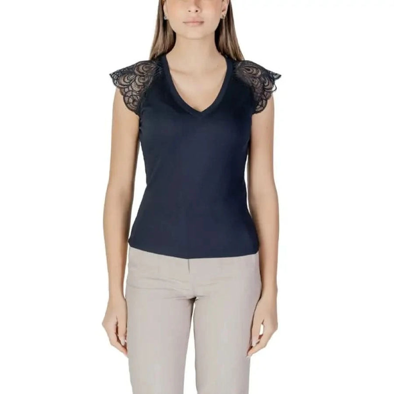 Navy V-neck top with lace cap sleeves from Morgan De Toi Women’s collection