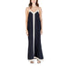 Navy and white sleeveless floor-length dress with dark trim, ideal for formal occasions