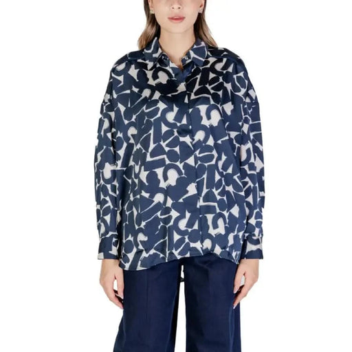 Navy and white geometric cowl neck blouse with long sleeves for women by Ichi