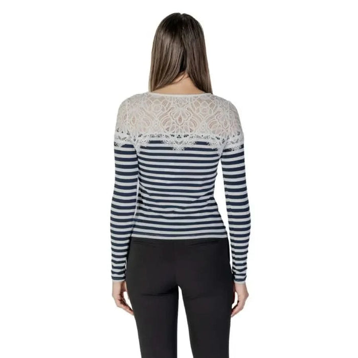 Navy and white striped long-sleeve top with lace shoulders by Morgan De Toi