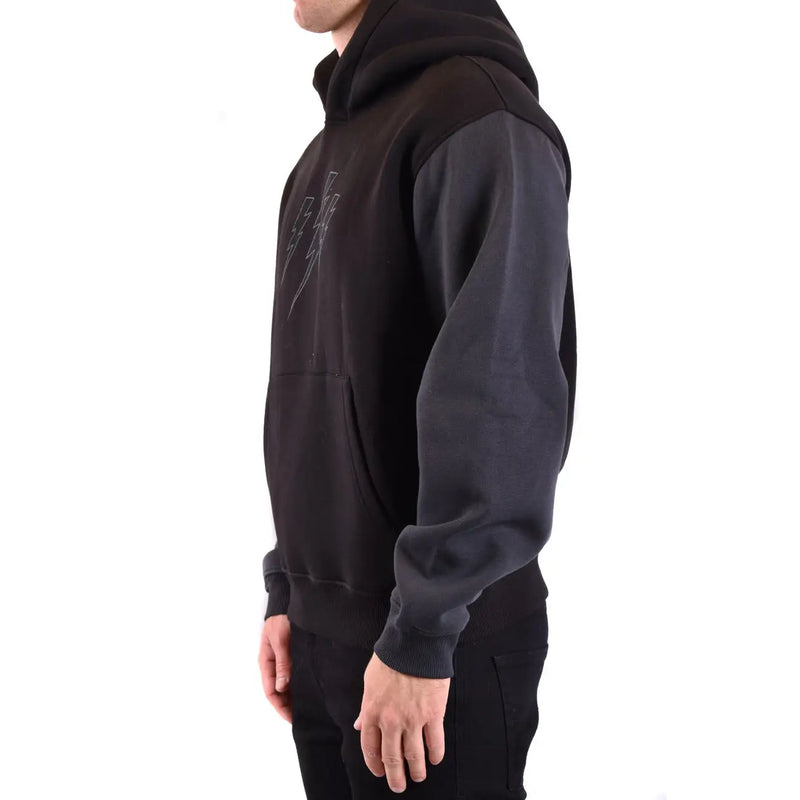 Sweat à capuche noir en coton pour homme Neil Barrett, orné d'un motif bicolore noir et anthracite et d'un éclair brodé discret.