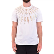T-shirt blanc à manches courtes pour homme Neil Barrett t-shirt avec un motif d'éclairs métalliques dorés sur la poitrine et les épaules