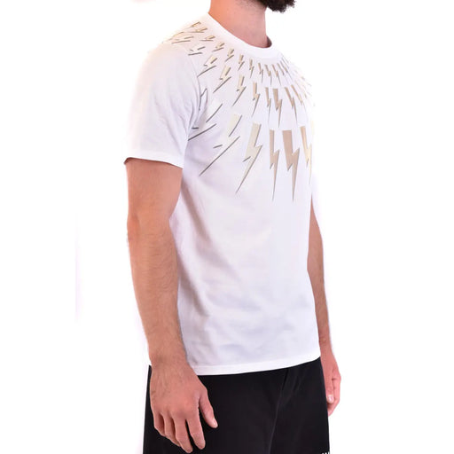 Neil Barrett hommes t-shirt T-shirt blanc à manches courtes orné d'un éclair doré métallisé sur la poitrine