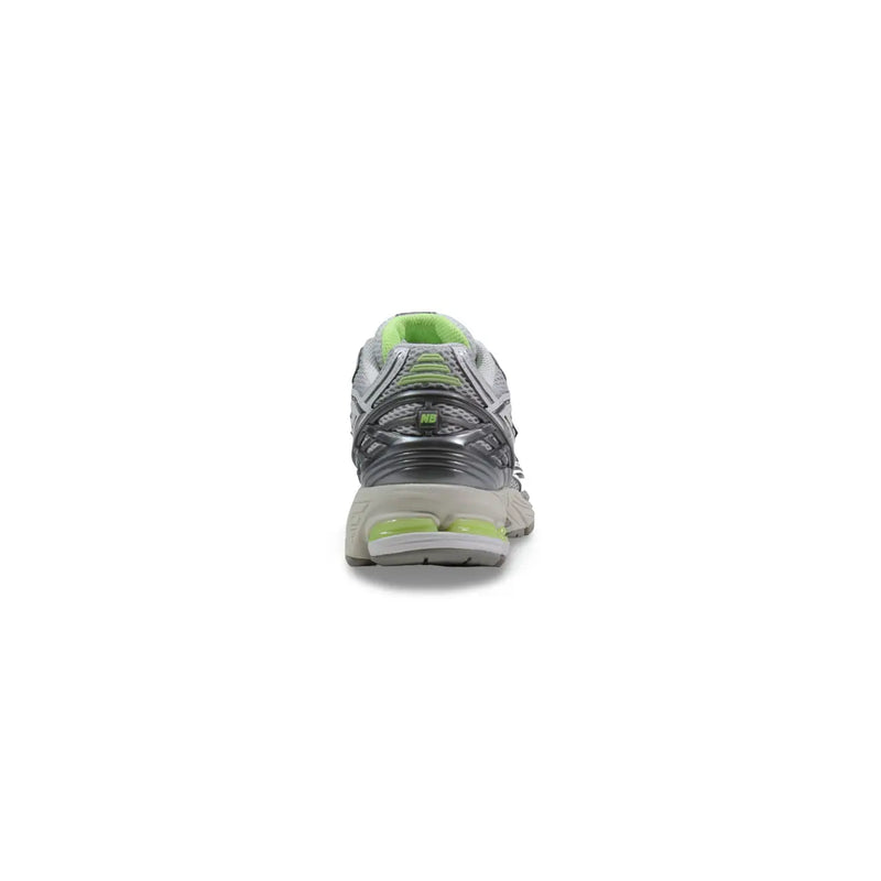 New Balance men 1906r grey synthetic lace up sneakers with silver and neon green mesh upper and visible air cushioning unit