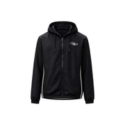 New balance Blazer à capuche noir en polyester pour homme, avec bandes latérales blanches et logo discret sur la poitrine (vue de face).