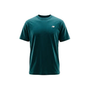 New Balance men t shirt green cotton short sleeve crew neck in dark teal with small white logo on left chest