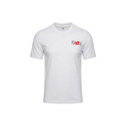 New Balance men t-shirt in white with a red and black logo on the left chest for casual wear