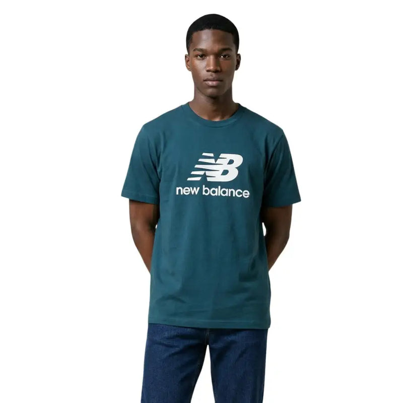 New balance T-shirt homme en coton bleu sarcelle avec logo et inscription blancs, col rond imprimé, modèle MT41502